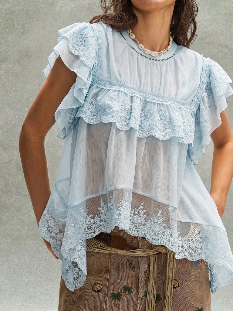Blue Bohemian Women's Embroidered Ruffled Lace Patchwork Blouse